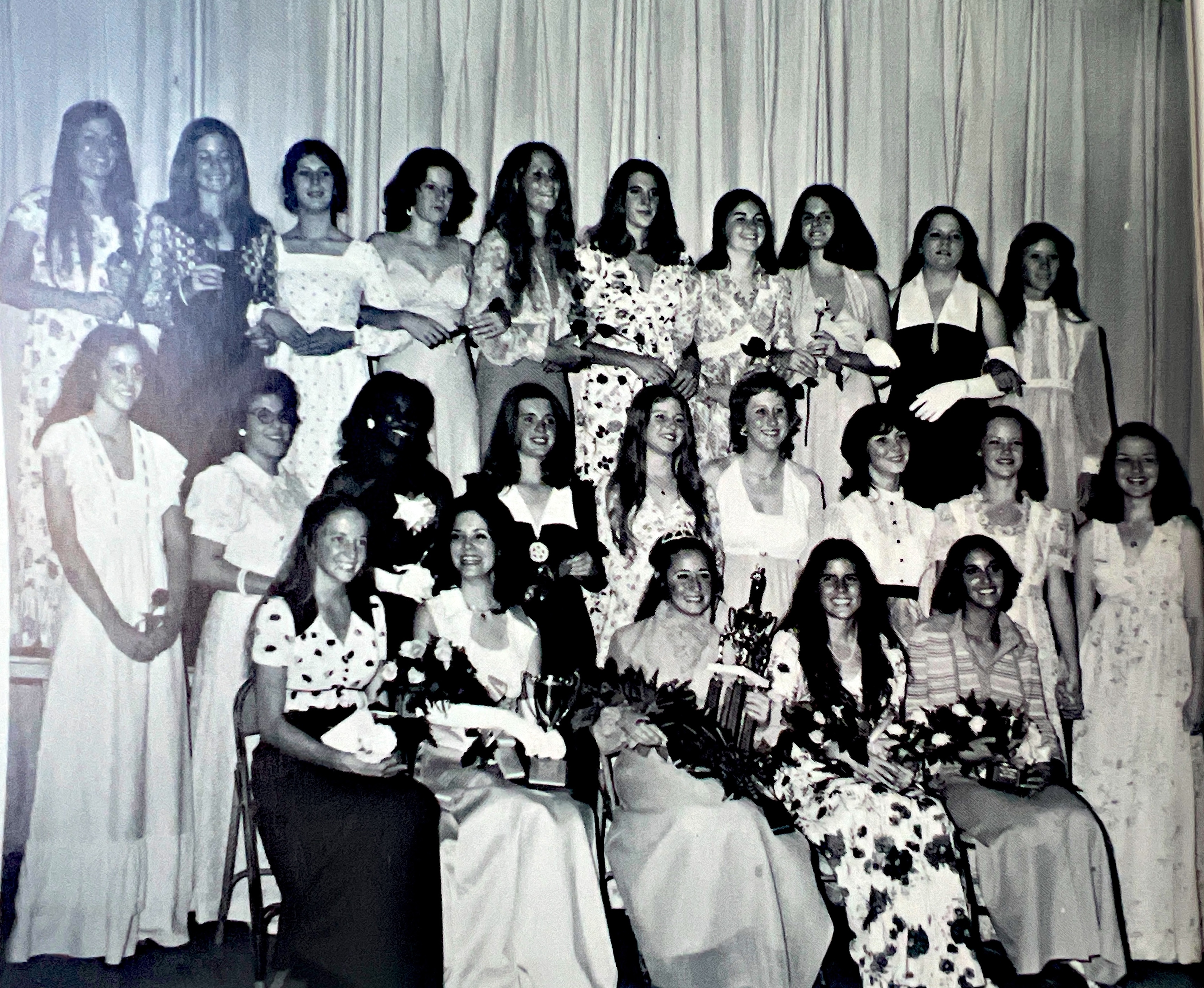 Miss Fletcher - Front Row - (l-r): Dendy McDonald (Miss Congeniality), Barbara Donaghey (1st runner-up), Dean Herman (Miss Fletcher), Nancy Bell (2nd runner-up &amp; Most Talented), Debbie Harrison (3rd runner-up).  Second Row: Lori Taylor, Donna Dion, Ed