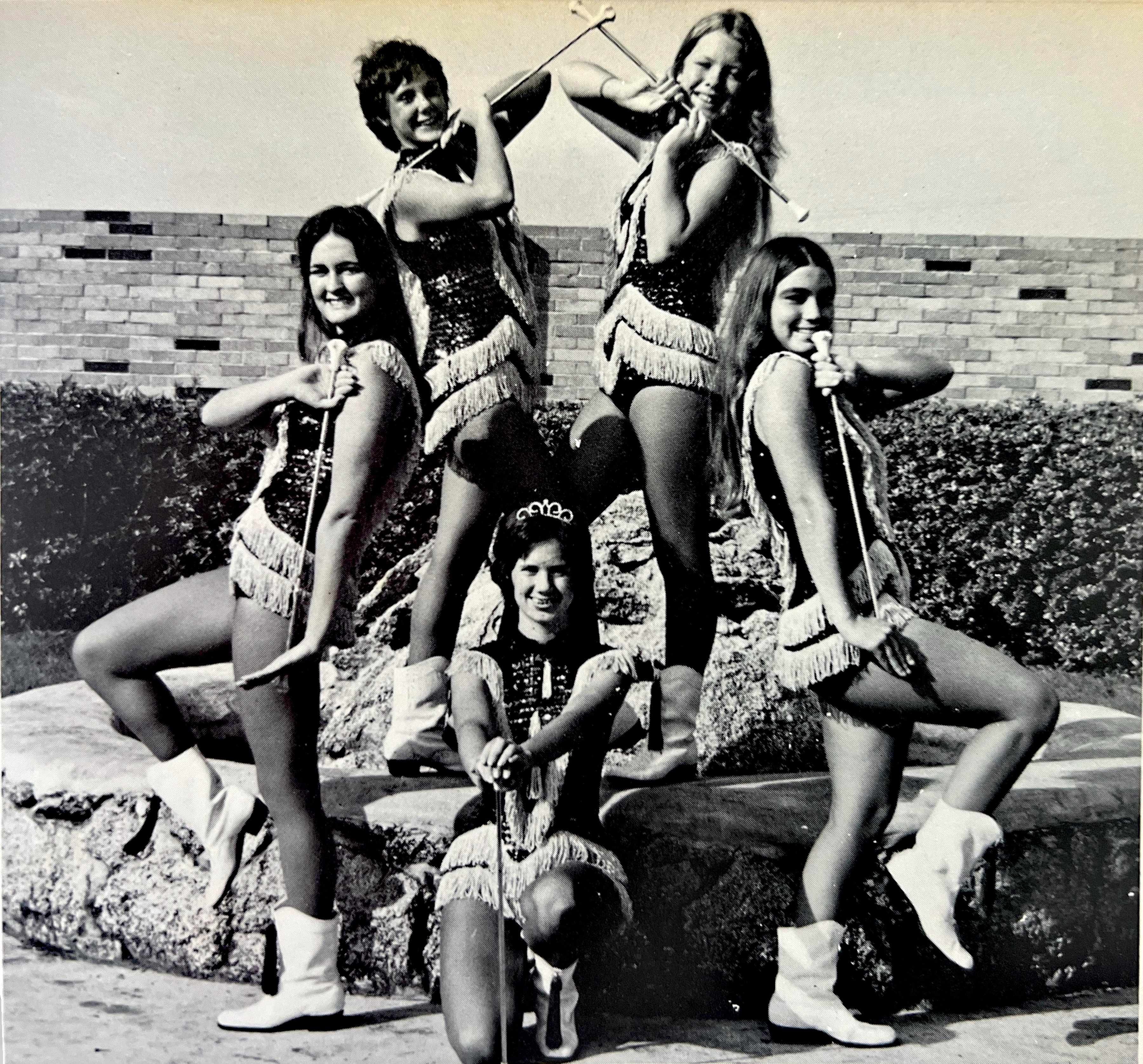 Majorettes: (l-r) 1st row: Becky Withers (head majorette); 2nd row: Cheri Green, Janie Grey; 3rd row: Cathy Withers, Becky Burchett